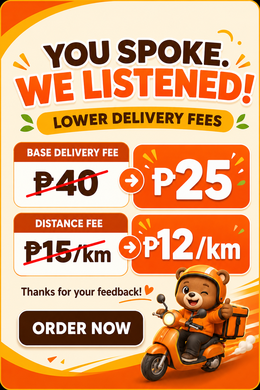 You spoke, we listened. Lower delivery fees: base fee reduced from 40 pesos to 25 pesos, and distance fee reduced from 15 pesos to 12 pesos per kilometer. Order now.